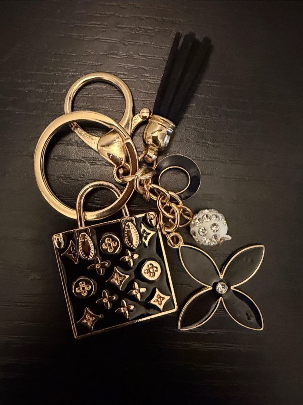 Inspired Gold and Black Floral Tote Charm Keychain with Tassel